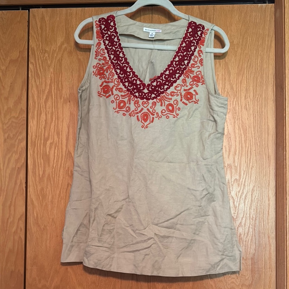 Isaac Mizrahi Tan Linen Size M Embellished Sleeveless Tank Top
